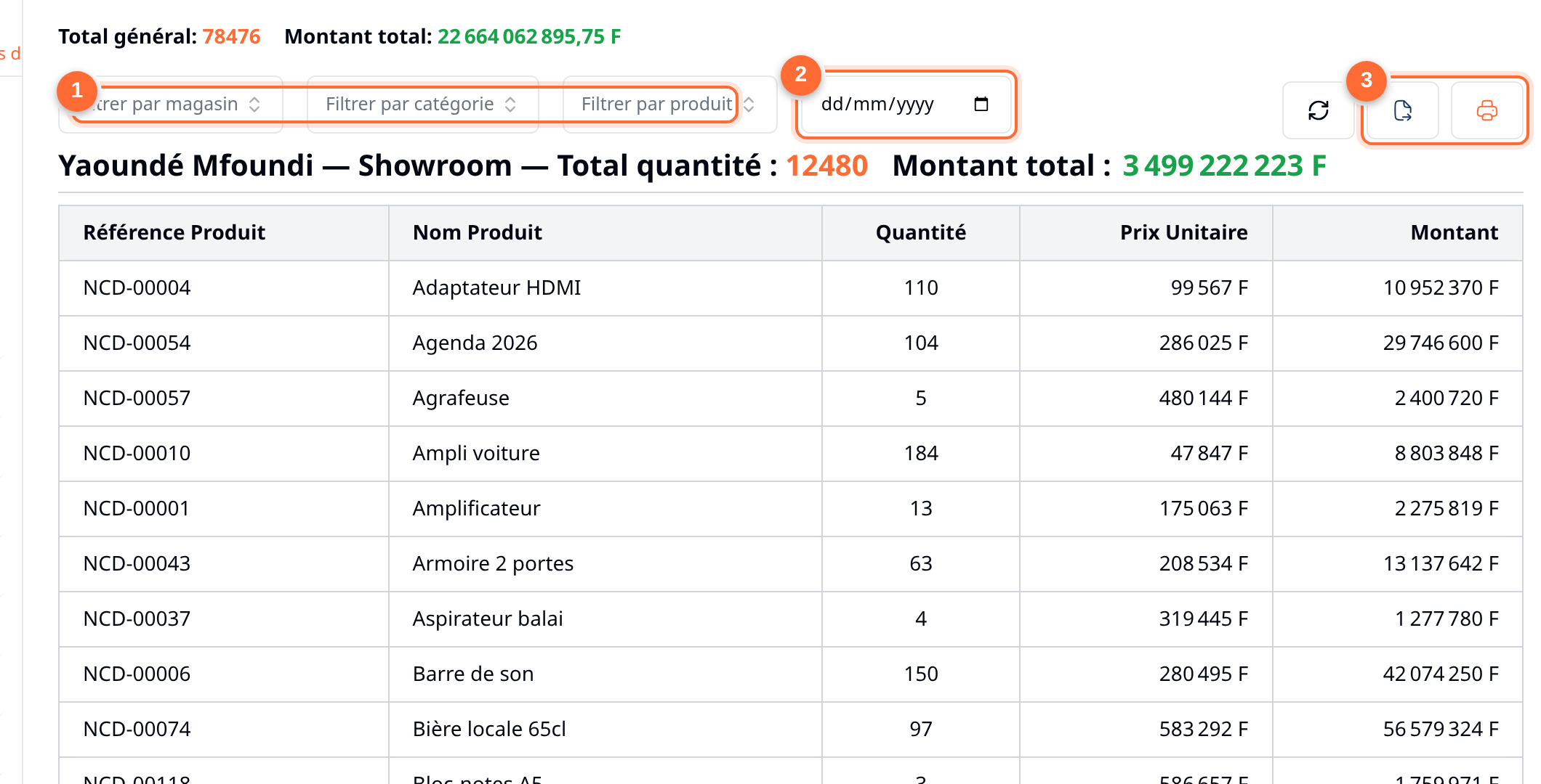 Écran Stock : filtres magasin/catégorie/produit, filtre Stock à la date, et boutons Export Excel/PDF